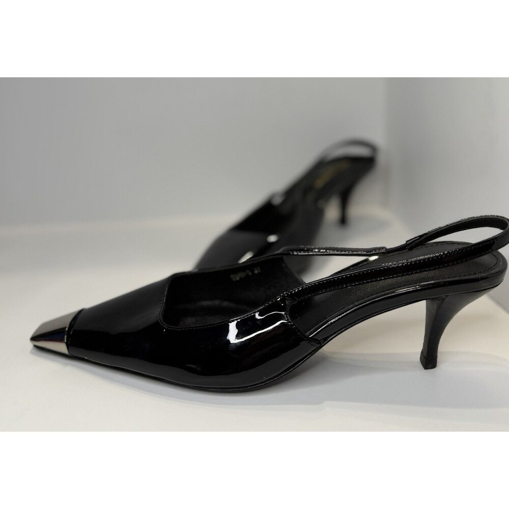 Saint Laurent Black Patent Leather Vesper Slingback Pumps Metal Toe 👠